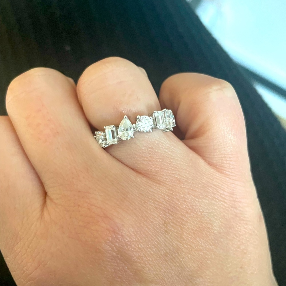 Mixed cut full eternity moissanite band with 14k white gold. Size 8.